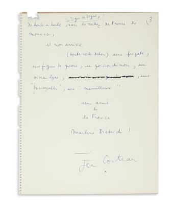 COCTEAU, JEAN. Autograph Manuscript Signed, working draft of his poem, “Tribute of Jean Cocteau to Marlene Dietrich,” in French,